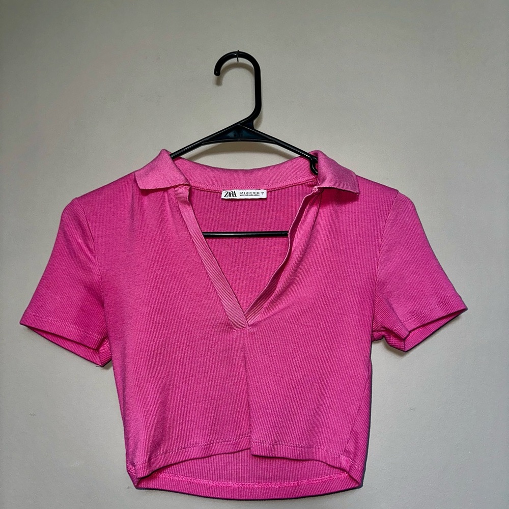 Zara Pink Polo Crop Top Fitted Short Sleeves